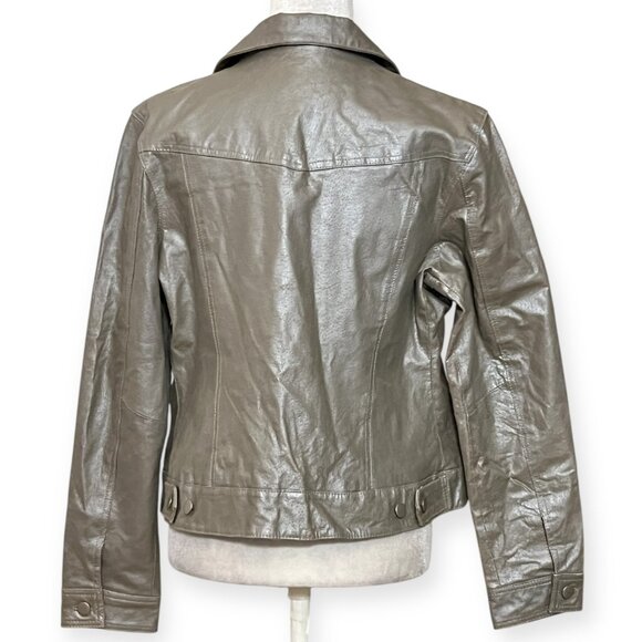 Metrostyle Women’s Metallic Gray Genuine Leather Jacket Size 14 Snap Button Moto - Picture 2 of 13